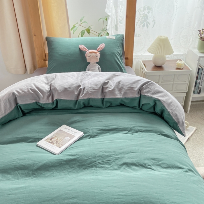 91家纺网 家纺一手货源 找家纺 恋人优选2023新款纯棉水洗双拼被套四件套AB版 草绿(浅灰)