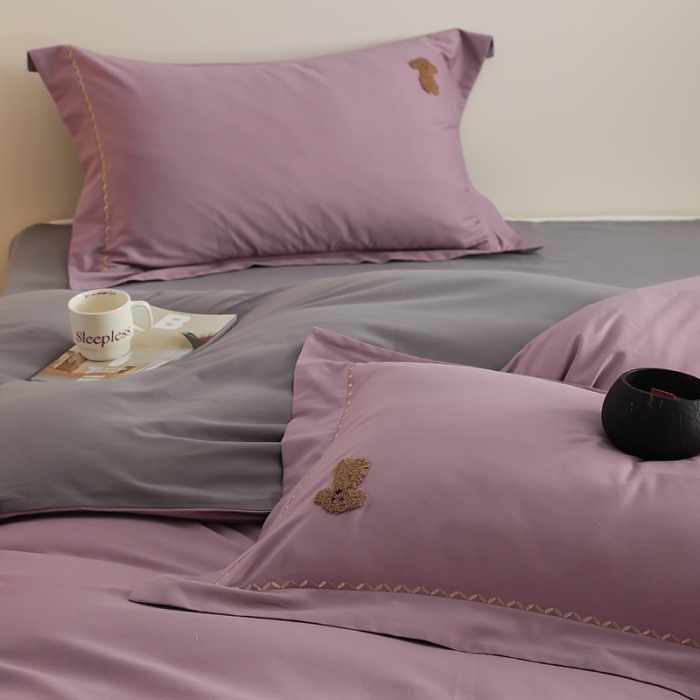 91家纺网 家纺一手货源 找家纺 沐白家纺 2022精梳火山全棉小磨毛纯色系列四件套 格调紫丨典雅灰