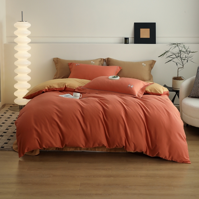 91家纺网 家纺一手货源 找家纺 沐白家纺 2022精梳火山全棉小磨毛纯色系列四件套 暖阳色丨天橙色