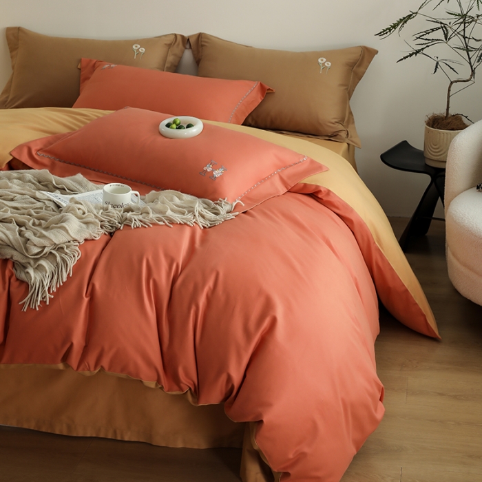 91家纺网 家纺一手货源 找家纺 沐白家纺 2022精梳火山全棉小磨毛纯色系列四件套 暖阳色丨天橙色