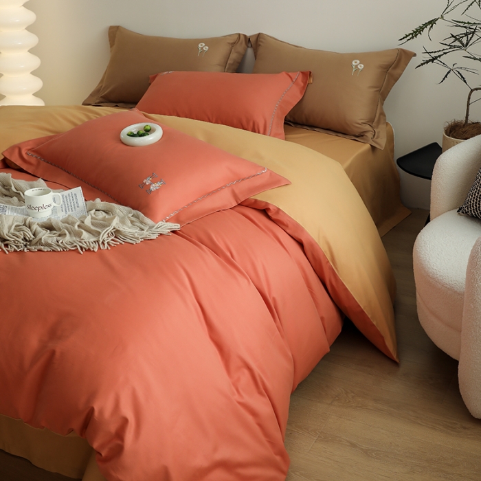 91家纺网 家纺一手货源 找家纺 沐白家纺 2022精梳火山全棉小磨毛纯色系列四件套 暖阳色丨天橙色