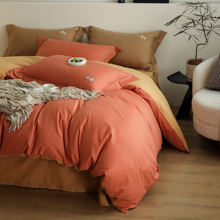 91家纺网 家纺一手货源 找家纺 沐白家纺 2022精梳火山全棉小磨毛纯色系列四件套 暖阳色丨天橙色