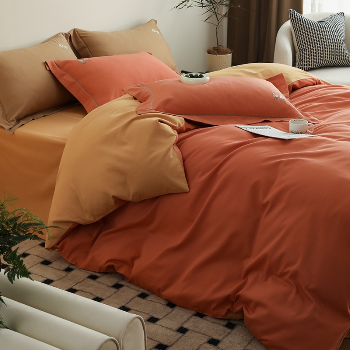 91家纺网 家纺一手货源 找家纺 沐白家纺 2022精梳火山全棉小磨毛纯色系列四件套 暖阳色丨天橙色