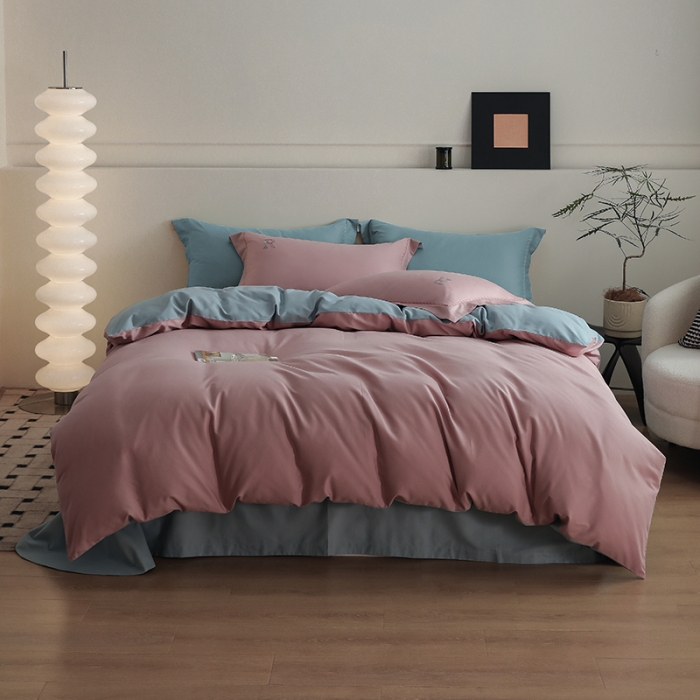 91家纺网 家纺一手货源 找家纺 沐白家纺 2022精梳火山全棉小磨毛纯色系列四件套 浅香紫丨黛水蓝