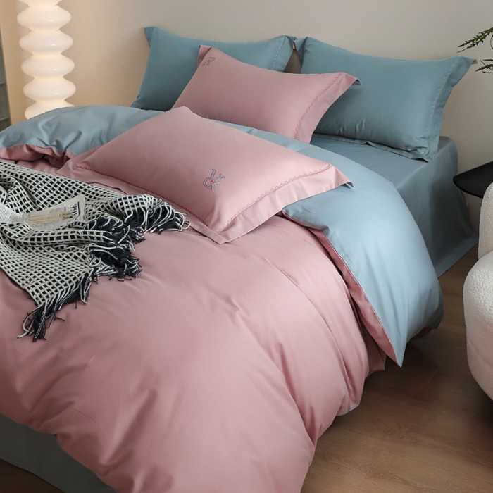 91家纺网 家纺一手货源 找家纺 沐白家纺 2022精梳火山全棉小磨毛纯色系列四件套 浅香紫丨黛水蓝