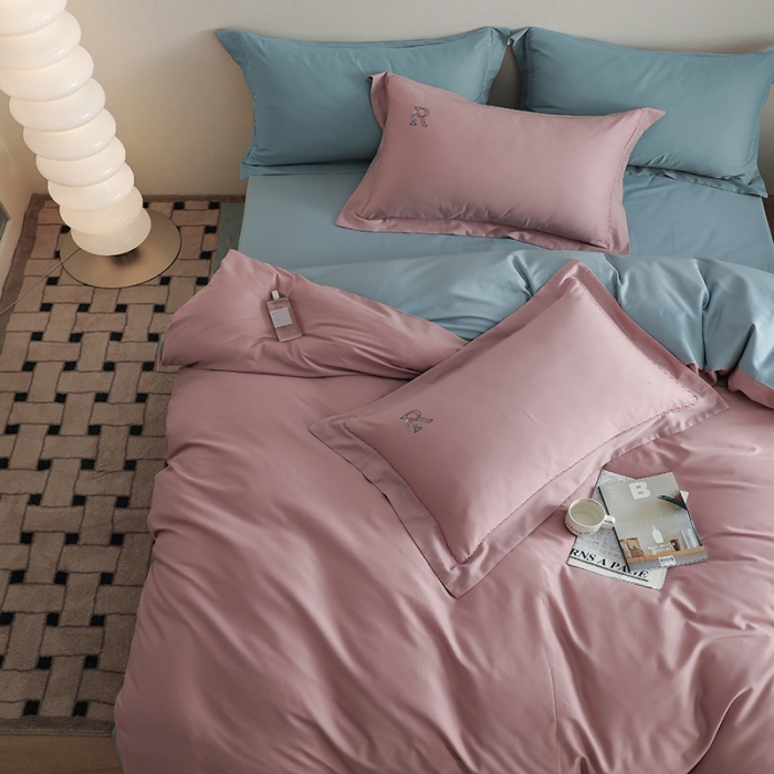 91家纺网 家纺一手货源 找家纺 沐白家纺 2022精梳火山全棉小磨毛纯色系列四件套 浅香紫丨黛水蓝