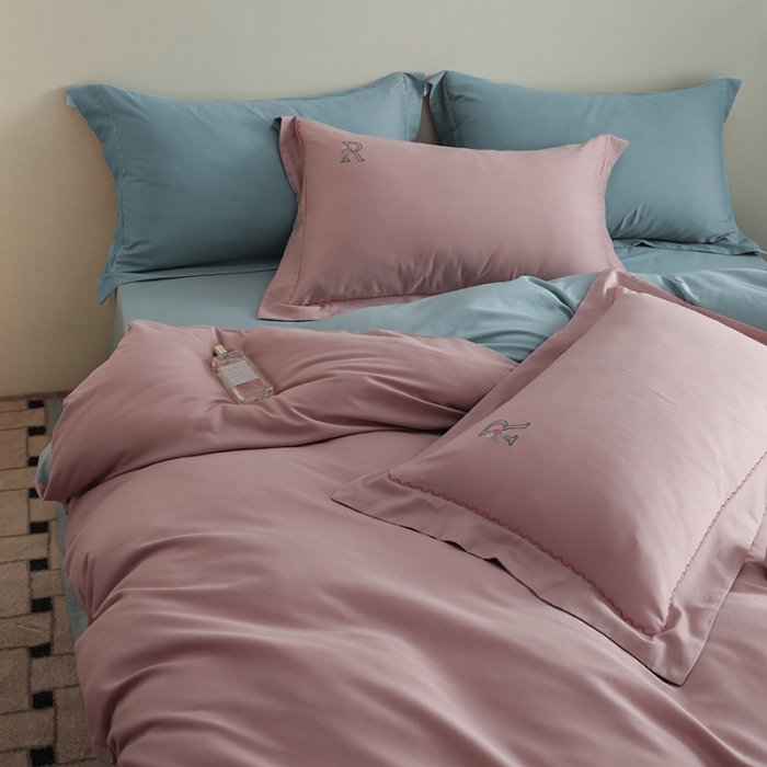 91家纺网 家纺一手货源 找家纺 沐白家纺 2022精梳火山全棉小磨毛纯色系列四件套 浅香紫丨黛水蓝