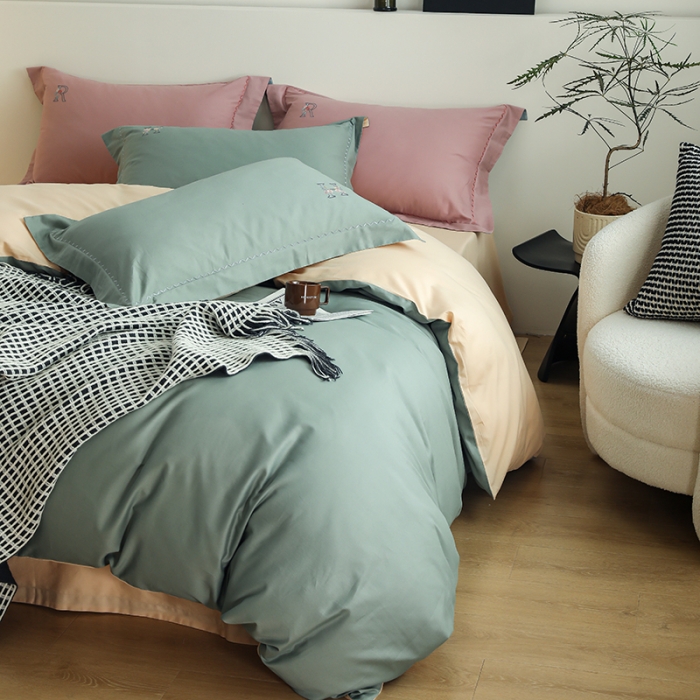 91家纺网 家纺一手货源 找家纺 沐白家纺 2022精梳火山全棉小磨毛纯色系列四件套 松风绿丨闪耀黄