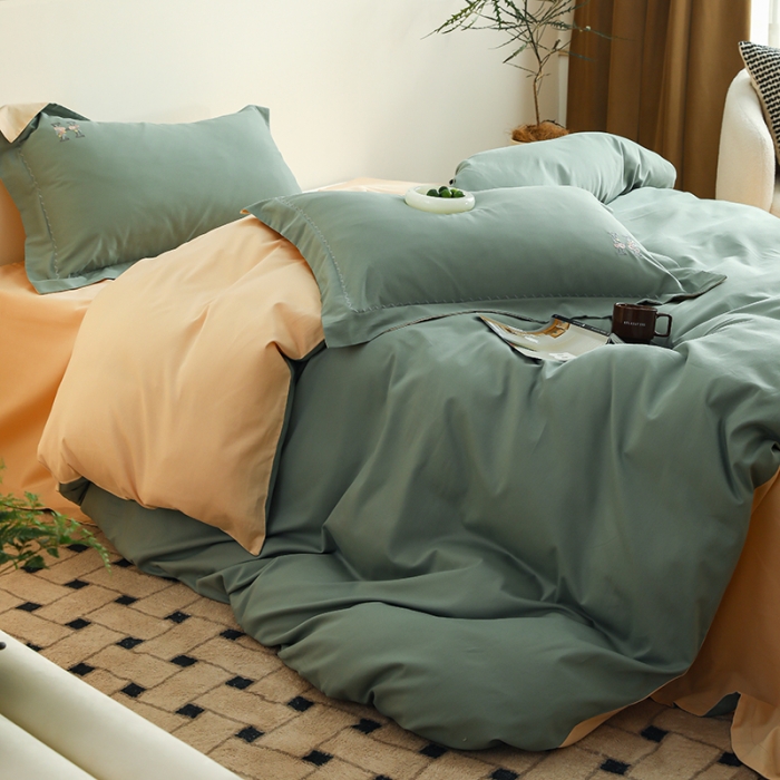 91家纺网 家纺一手货源 找家纺 沐白家纺 2022精梳火山全棉小磨毛纯色系列四件套 松风绿丨闪耀黄