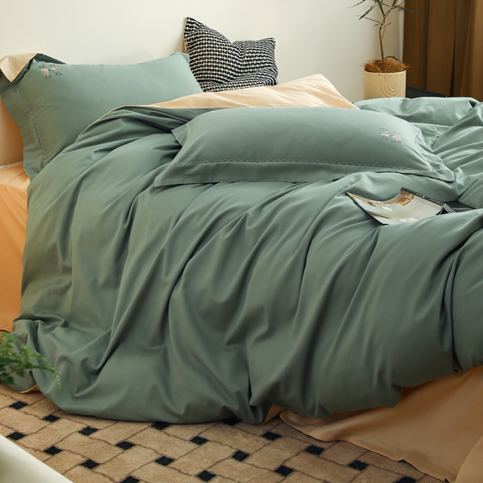 91家纺网 家纺一手货源 找家纺 沐白家纺 2022精梳火山全棉小磨毛纯色系列四件套 松风绿丨闪耀黄