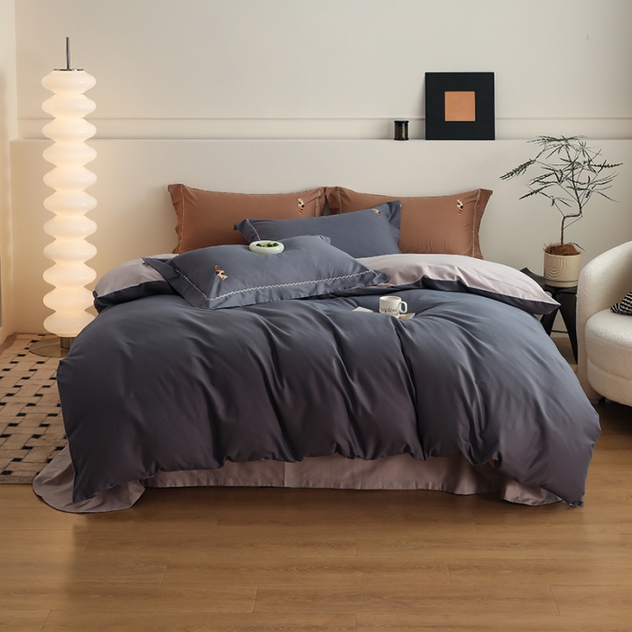 91家纺网 家纺一手货源 找家纺 沐白家纺 2022精梳火山全棉小磨毛纯色系列四件套 钛金灰丨苏木灰