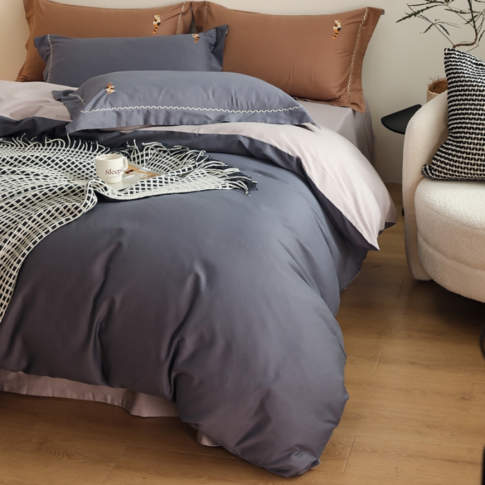 91家纺网 家纺一手货源 找家纺 沐白家纺 2022精梳火山全棉小磨毛纯色系列四件套 钛金灰丨苏木灰