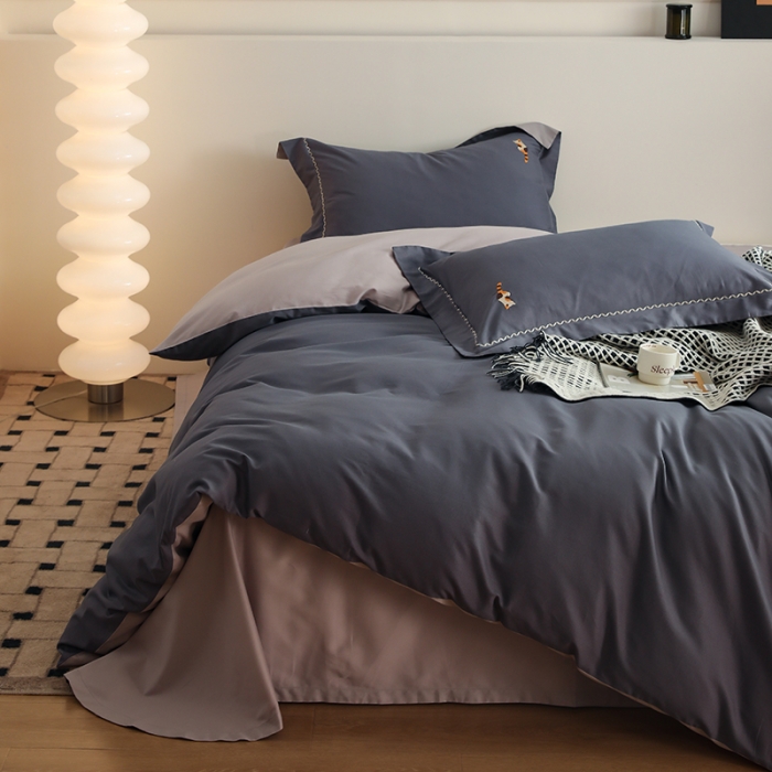 91家纺网 家纺一手货源 找家纺 沐白家纺 2022精梳火山全棉小磨毛纯色系列四件套 钛金灰丨苏木灰