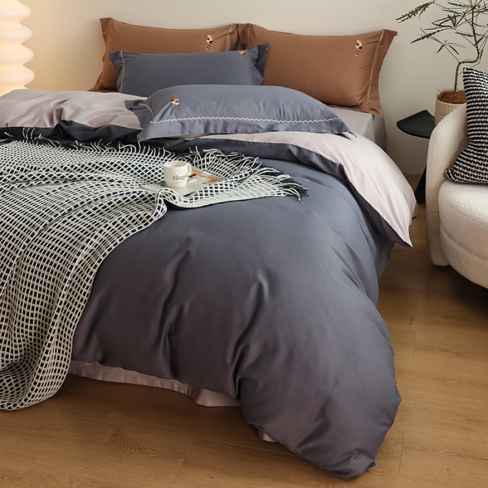 91家纺网 家纺一手货源 找家纺 沐白家纺 2022精梳火山全棉小磨毛纯色系列四件套 钛金灰丨苏木灰