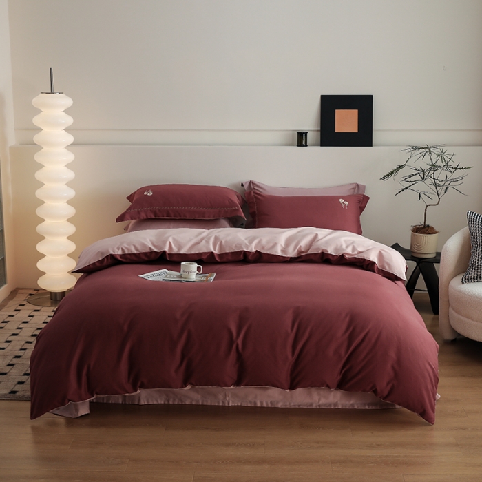 91家纺网 家纺一手货源 找家纺 沐白家纺 2022精梳火山全棉小磨毛纯色系列四件套 维他命丨复古粉