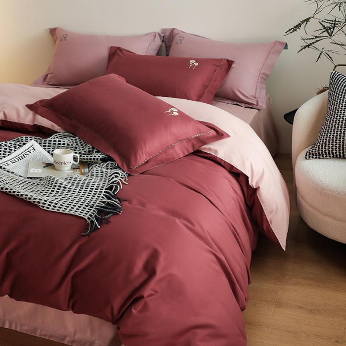 91家纺网 家纺一手货源 找家纺 沐白家纺 2022精梳火山全棉小磨毛纯色系列四件套 维他命丨复古粉