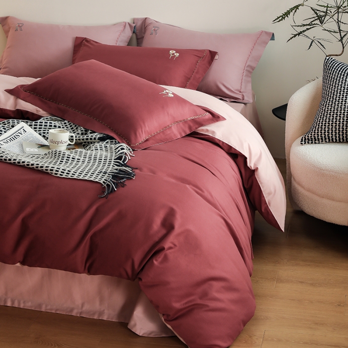 91家纺网 家纺一手货源 找家纺 沐白家纺 2022精梳火山全棉小磨毛纯色系列四件套 维他命丨复古粉