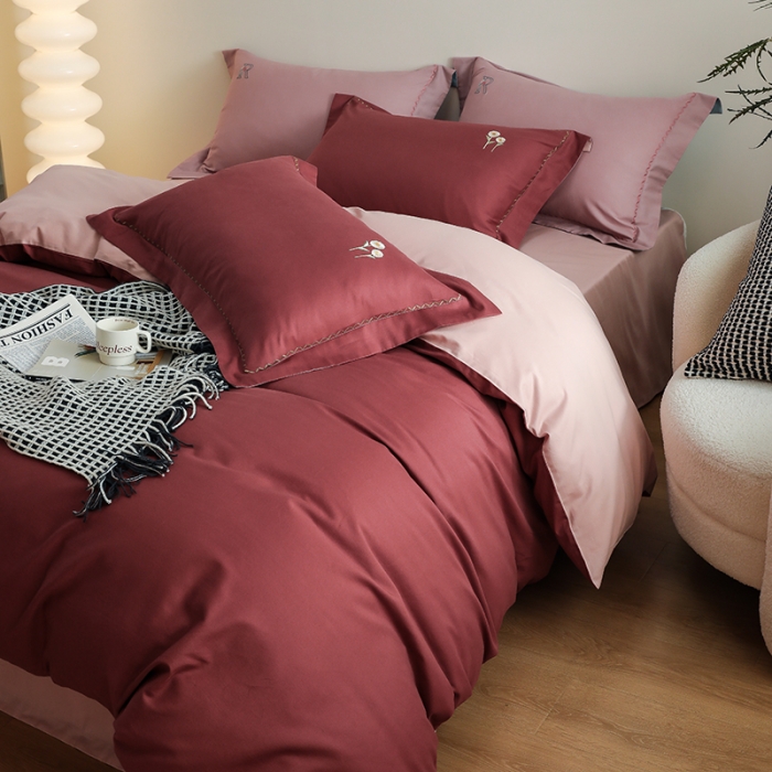 91家纺网 家纺一手货源 找家纺 沐白家纺 2022精梳火山全棉小磨毛纯色系列四件套 维他命丨复古粉