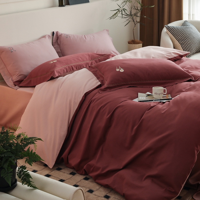 91家纺网 家纺一手货源 找家纺 沐白家纺 2022精梳火山全棉小磨毛纯色系列四件套 维他命丨复古粉