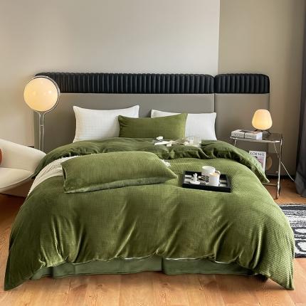 雅居纺 2022新款高克重华夫格牛奶绒四件套 华夫格绒-墨绿