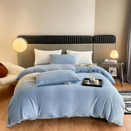 雅居纺 2022新款高克重华夫格牛奶绒四件套 华夫格绒-天蓝