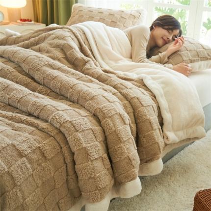 晨曦家纺 2022新款塔芙绒北极绒双层被套毛毯牛奶绒毯子 小方格-天然石灰