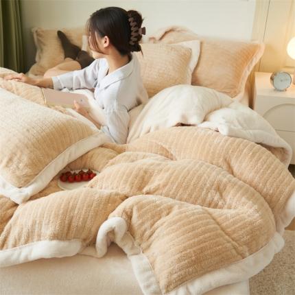 91家纺网 家纺一手货源 找家纺 晨曦2022塔芙绒北极绒牛奶绒法莱绒四件套 条纹元素-奶咖色