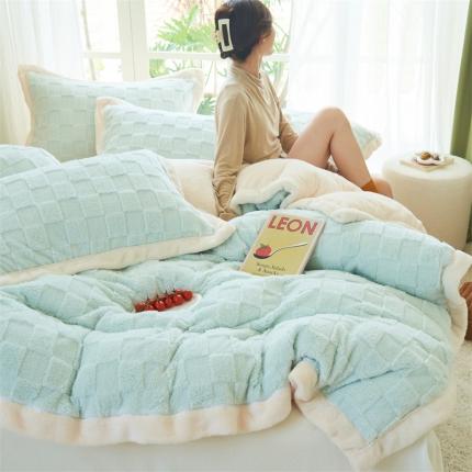 91家纺网 家纺一手货源 找家纺 晨曦2022塔芙绒北极绒牛奶绒法莱绒四件套 小方格-粉蜡淡绿