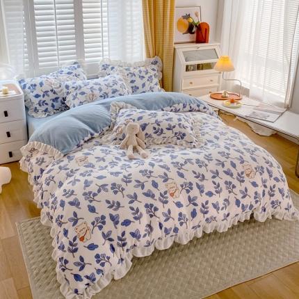 91家纺网 家纺一手货源 找家纺 雅绅阁 2022新款高克重印花牛奶绒四件套花边款直播 萌萌熊