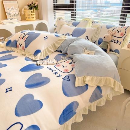 91家纺网 家纺一手货源 找家纺 丝羽坊 2022新款韩版花边印花牛奶绒四件套 幸运兔