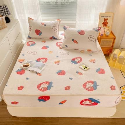 91家纺网 家纺一手货源 找家纺 慕尚 2022新款加厚保暖雪花绒床笠 草莓兔兔