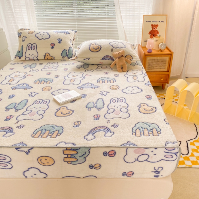 91家纺网 家纺一手货源 找家纺 慕尚 2022新款加厚保暖雪花绒床笠 动物巴士