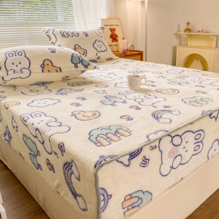 91家纺网 家纺一手货源 找家纺 慕尚 2022新款加厚保暖雪花绒床笠 动物巴士