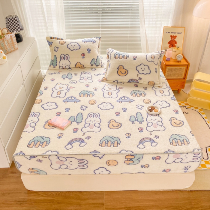 91家纺网 家纺一手货源 找家纺 慕尚 2022新款加厚保暖雪花绒床笠 动物巴士