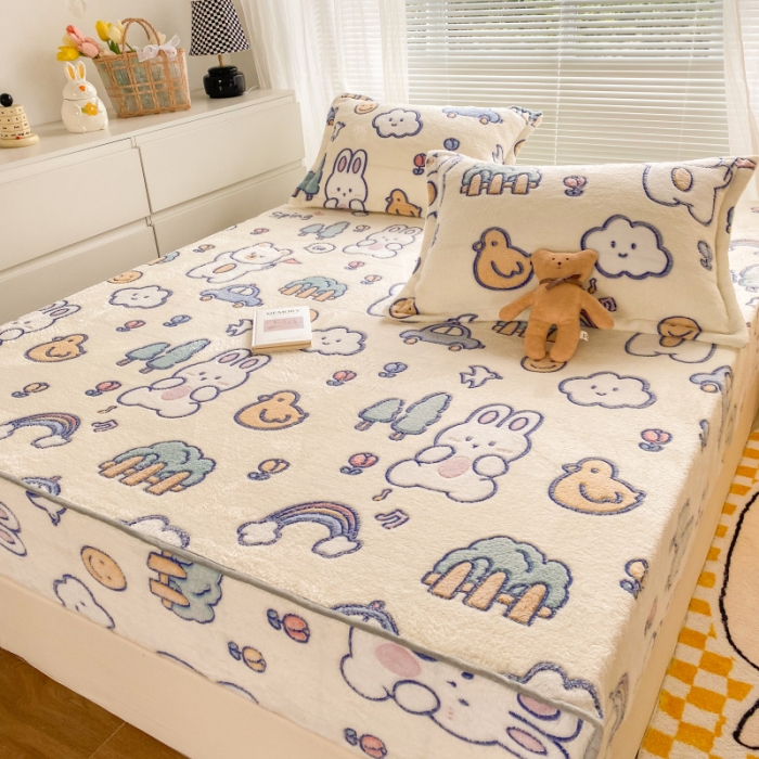 91家纺网 家纺一手货源 找家纺 慕尚 2022新款加厚保暖雪花绒床笠 动物巴士