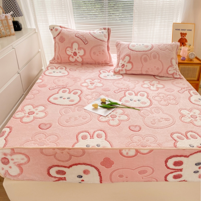 91家纺网 家纺一手货源 找家纺 慕尚 2022新款加厚保暖雪花绒床笠 花花小兔