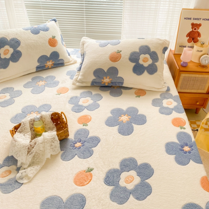 91家纺网 家纺一手货源 找家纺 慕尚 2022新款加厚保暖雪花绒床笠 橘子花