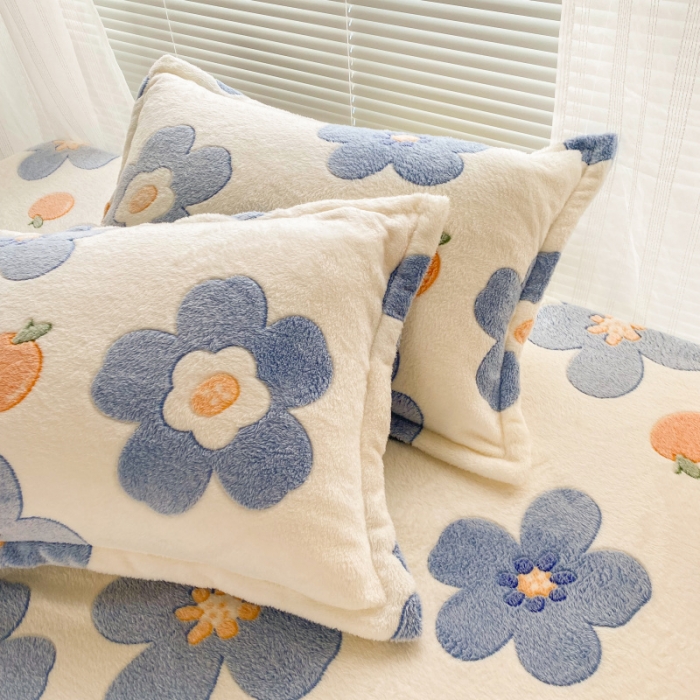 91家纺网 家纺一手货源 找家纺 慕尚 2022新款加厚保暖雪花绒床笠 橘子花