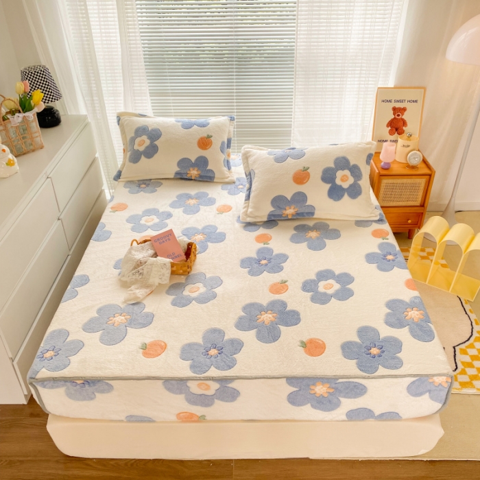 91家纺网 家纺一手货源 找家纺 慕尚 2022新款加厚保暖雪花绒床笠 橘子花