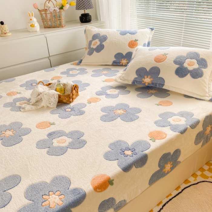 91家纺网 家纺一手货源 找家纺 慕尚 2022新款加厚保暖雪花绒床笠 橘子花