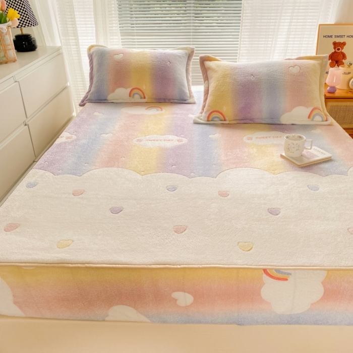 91家纺网 家纺一手货源 找家纺 慕尚 2022新款加厚保暖雪花绒床笠 梦幻彩虹