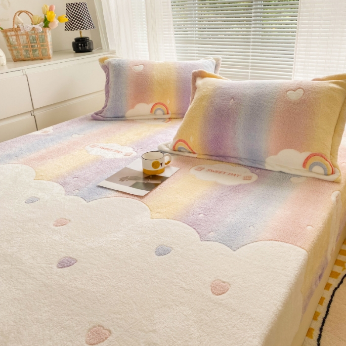 91家纺网 家纺一手货源 找家纺 慕尚 2022新款加厚保暖雪花绒床笠 梦幻彩虹