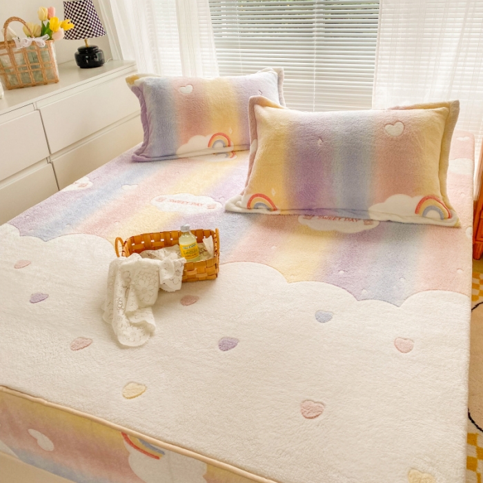 91家纺网 家纺一手货源 找家纺 慕尚 2022新款加厚保暖雪花绒床笠 梦幻彩虹