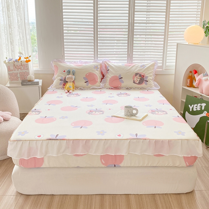 91家纺网 家纺一手货源 找家纺 简宜家居 2023新款40支纯棉小清新A版花边床笠 蜜桃味女孩