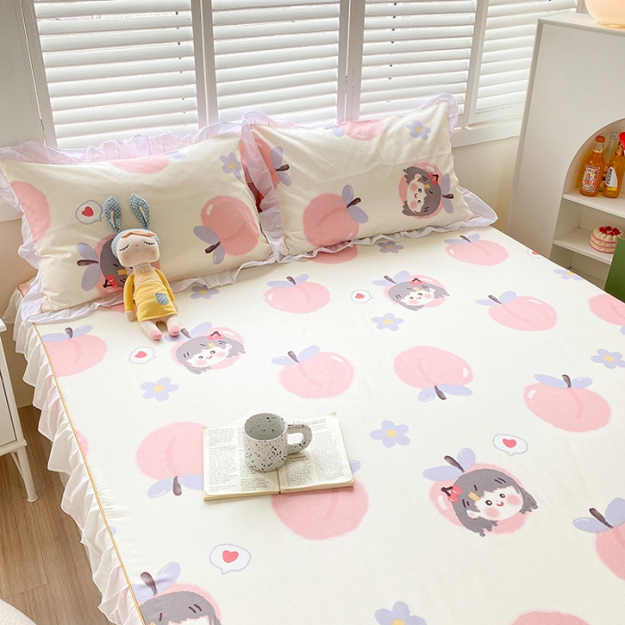 91家纺网 家纺一手货源 找家纺 简宜家居 2023新款40支纯棉小清新A版花边床笠 蜜桃味女孩