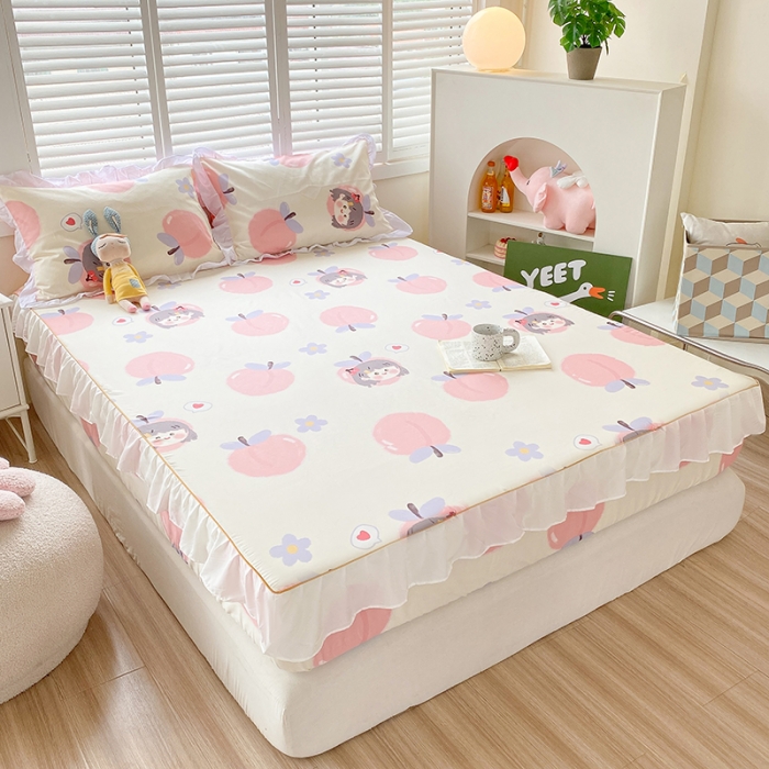 91家纺网 家纺一手货源 找家纺 简宜家居 2023新款40支纯棉小清新A版花边床笠 蜜桃味女孩