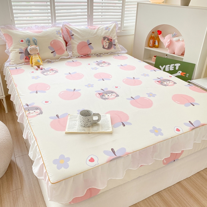 91家纺网 家纺一手货源 找家纺 简宜家居 2023新款40支纯棉小清新A版花边床笠 蜜桃味女孩