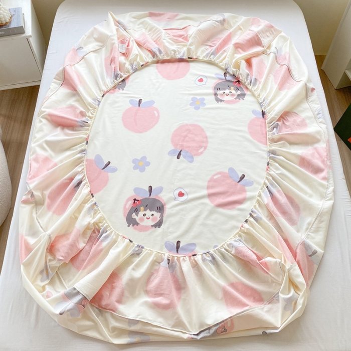 91家纺网 家纺一手货源 找家纺 简宜家居 2023新款40支纯棉小清新A版花边床笠 蜜桃味女孩