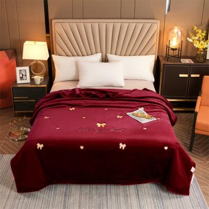 凯轩 2024新款精品绣花仿兔绒毛毯毯子 蝶恋-酒红