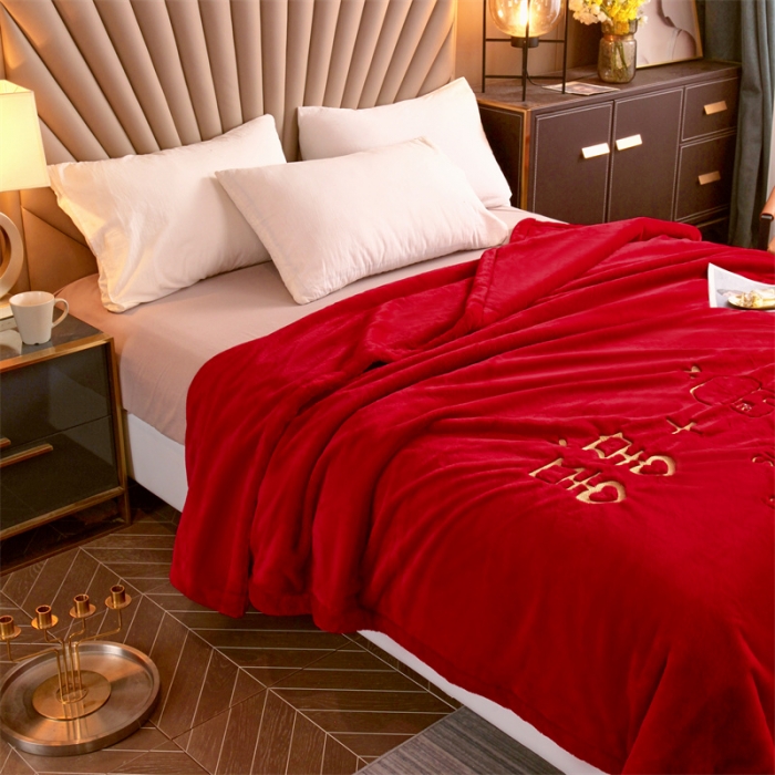 91家纺网 家纺一手货源 找家纺 凯轩 2024新款精品绣花仿兔绒毛毯毯子 双喜临门